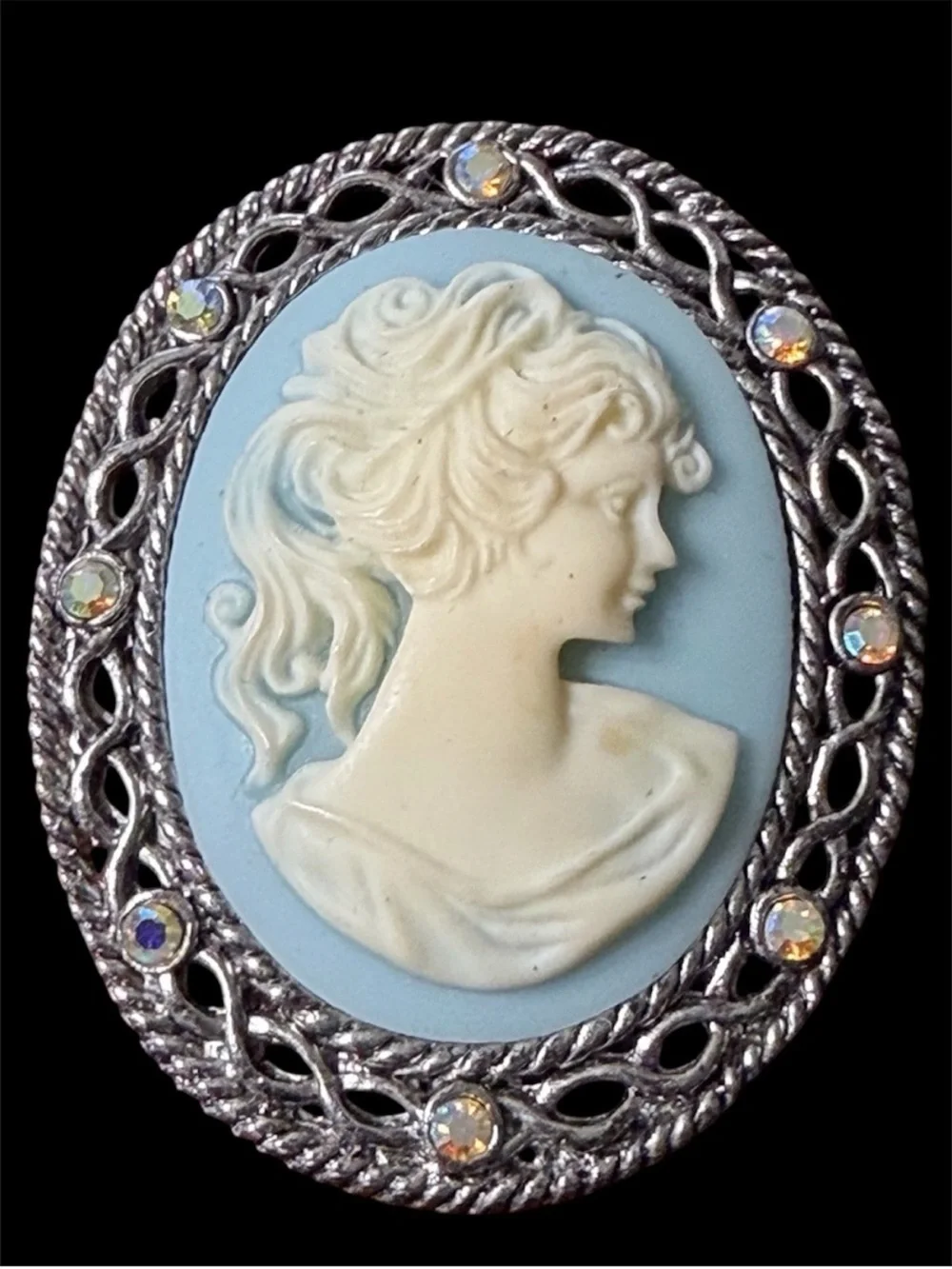 Vintage Blue Cameo Brooch Pin Silver Rhinestone Victorian Revival Large MCM
